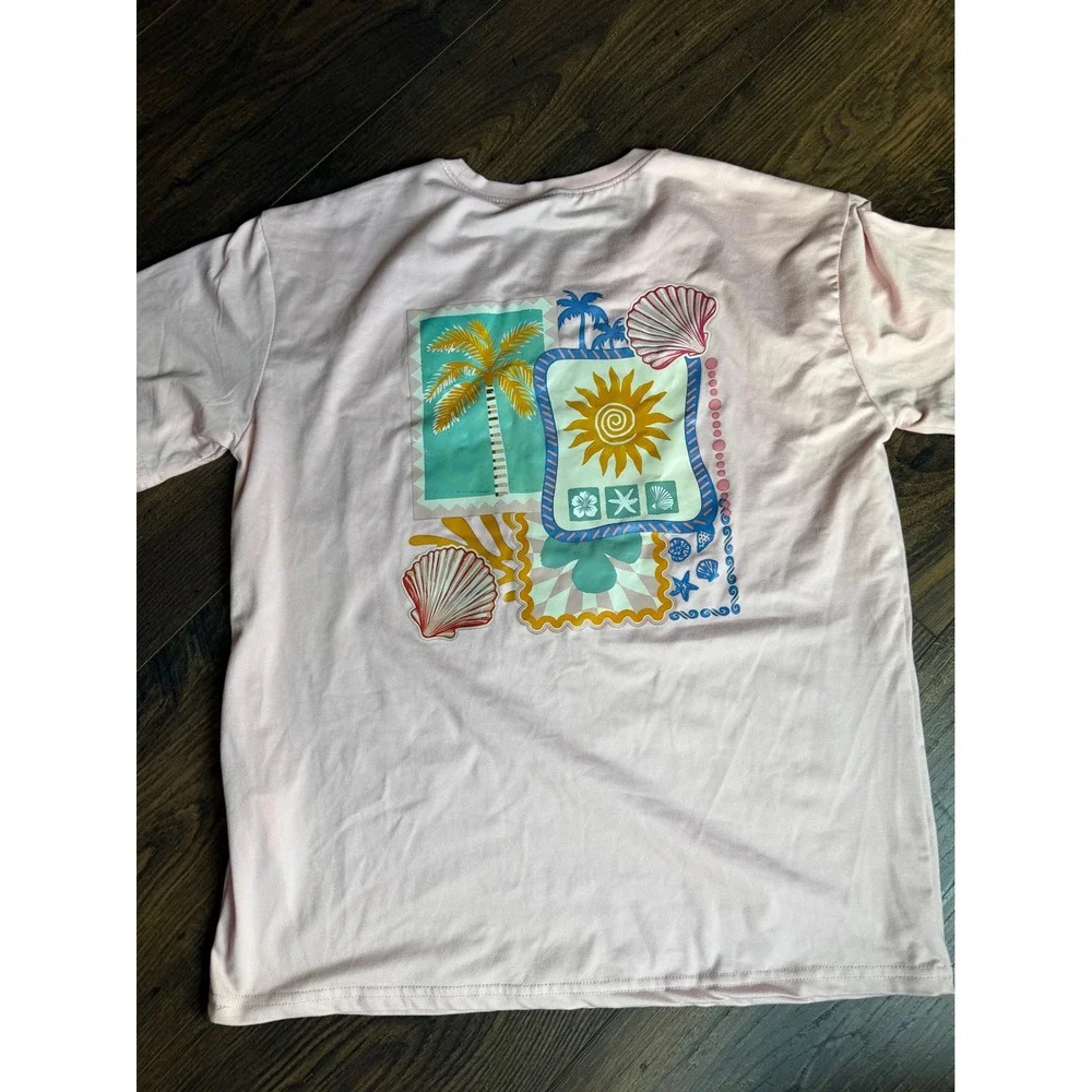 Kids Light Pink Tropical Beach Graphic T-Shirt Short Sleeve Size 12Y 0114